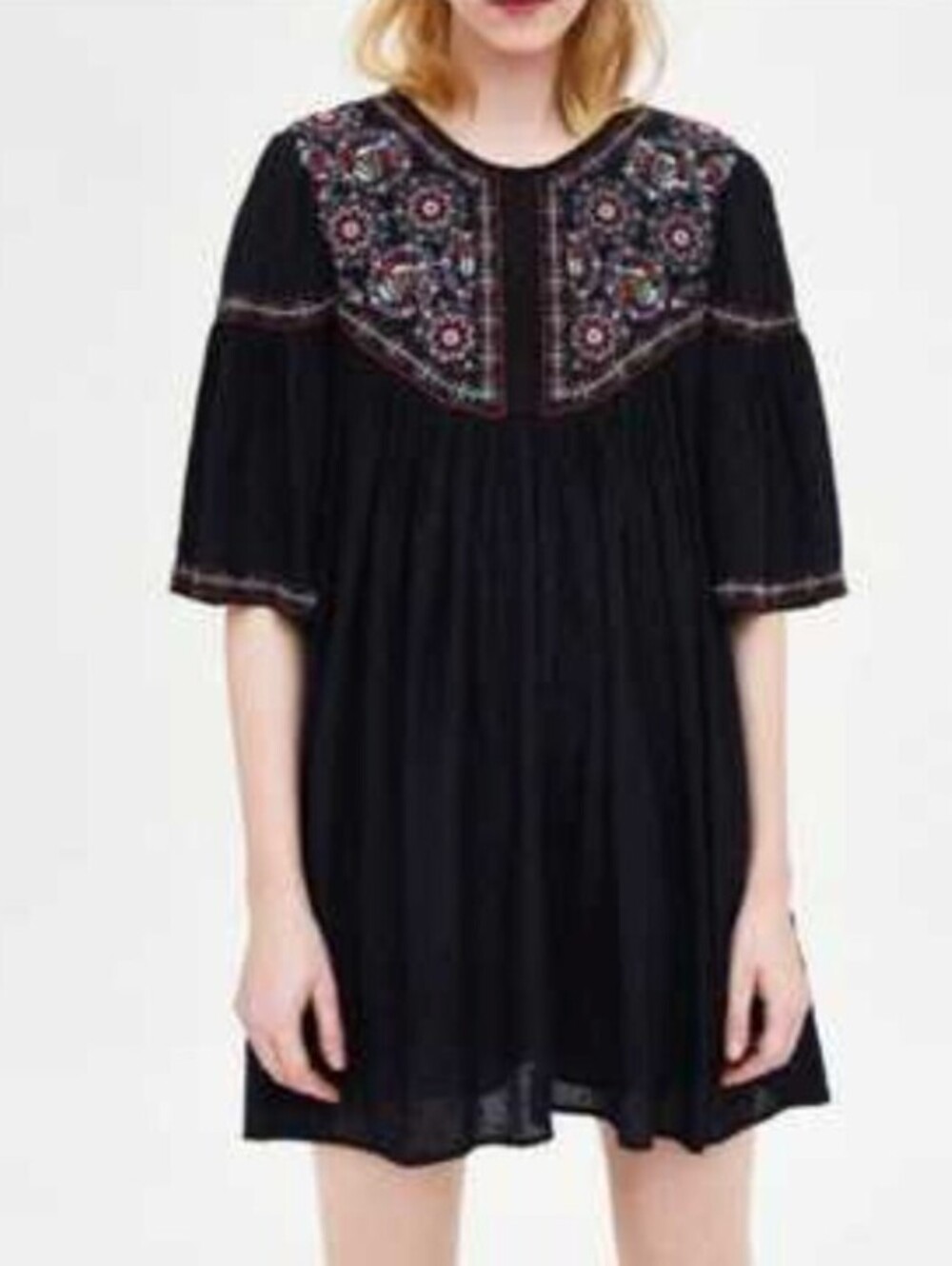 Zara TRF Black Relaxed Fit Embroidered Boho Babydoll Dress - Size - Large